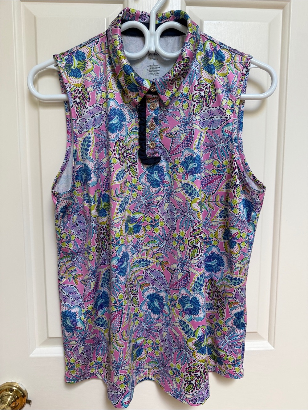Stella Parker sz L Sleeveless Pink Floral Paisely Polo Top Contrast ruffle trim